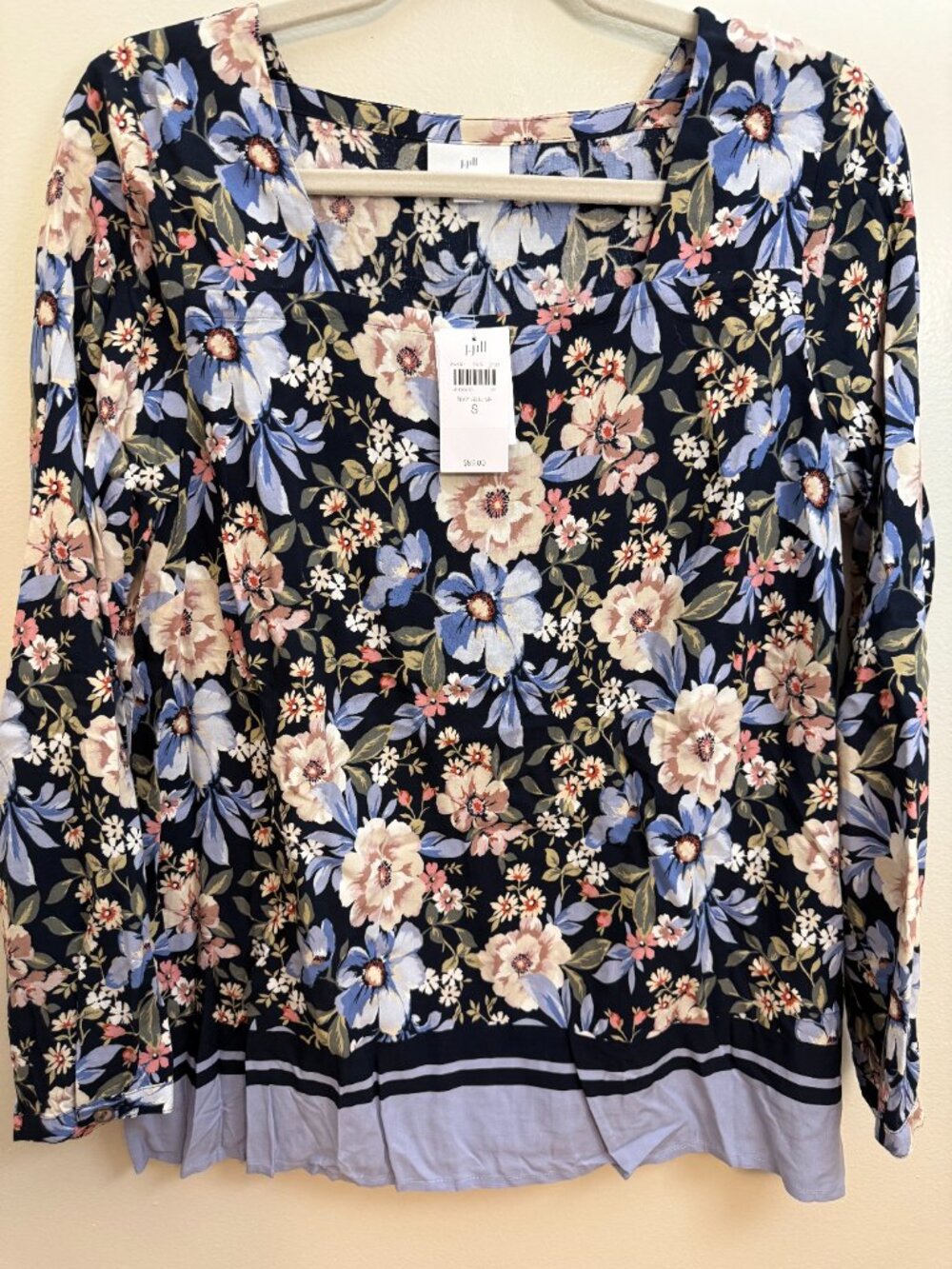 NWT J.Jill blouse, Navy Blue with flower print, Size Small, Long sleeve New!